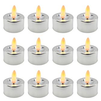 Battery Operated 3-D Wick Flame Silver Finish Tea Light 12 pc Set