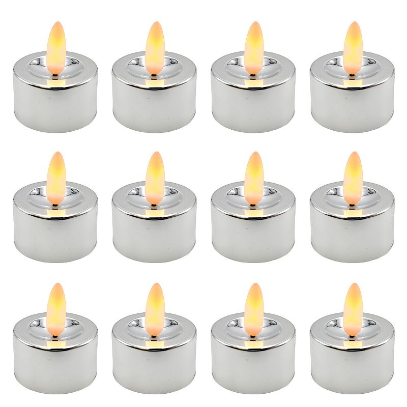 Battery Operated 3-D Wick Flame Silver Finish Tea Light 12-piece Set