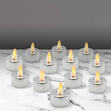 Battery Operated 3-D Wick Flame Silver Finish Tea Light 12-piece Set