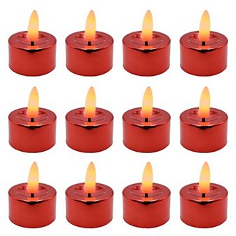 Battery Operated 3-D Wick Flame Red Tea Light 12 pc Set