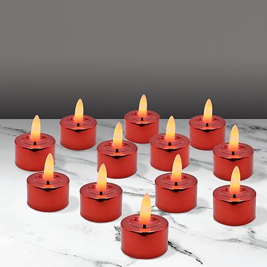 Battery Operated 3-D Wick Flame Red Tea Light 12-piece Set