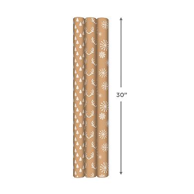 Hallmark Recyclable Kraft Wrapping Paper with Cut Lines 3-Rolls
