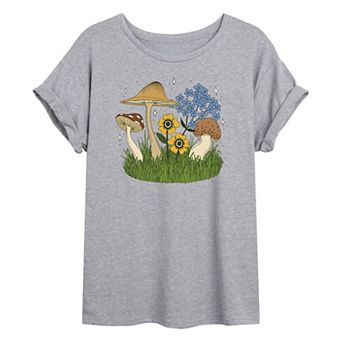 Juniors' Mushrooms & Flowers Sparkle Oversized Tee