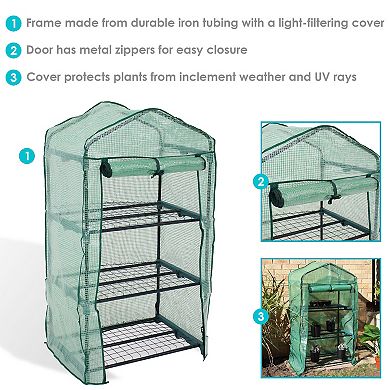 Sunnydaze Iron PVC Cover Mini Greenhouse with 3 Shelves/Zipper - Green