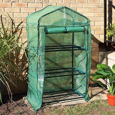 Sunnydaze Iron PVC Cover Mini Greenhouse with 3 Shelves/Zipper - Green