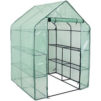 Sunnydaze Large Iron PE Cover Walk-In Greenhouse with 4 Shelves - Green