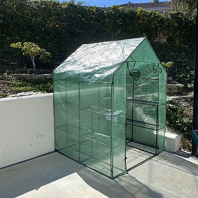 Sunnydaze Large Steel PE Cover Walk-In Greenhouse with 4 Shelves - Green