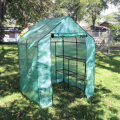 Sunnydaze Large Steel PE Cover Walk-In Greenhouse with 4 Shelves - Green