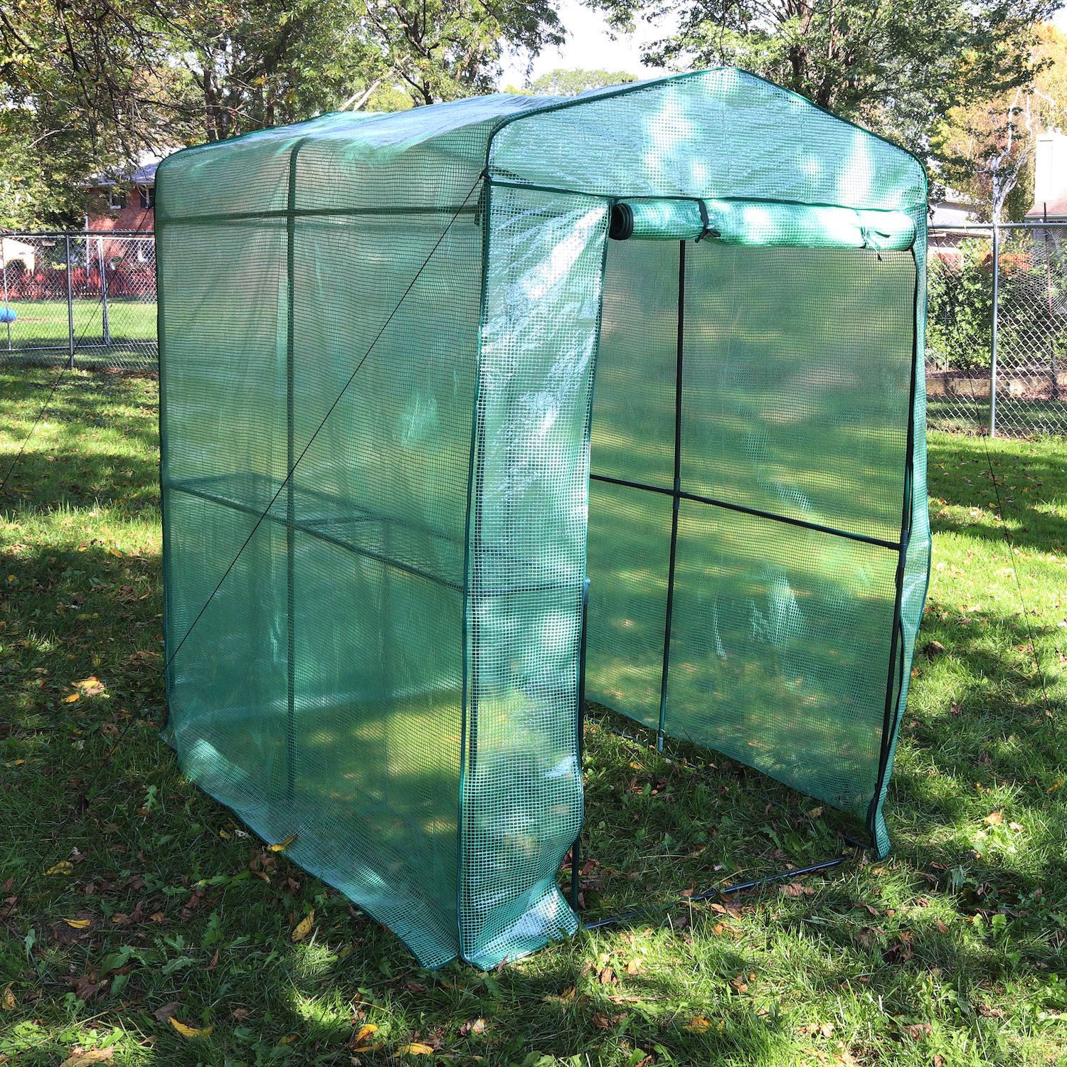 Sunnydaze Large Iron PE Cover Walk In Greenhouse With 1 Shelf Green   5840105 ALT