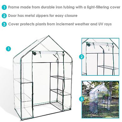 Sunnydaze Large Iron PE Cover Walk-In Greenhouse with 4 Shelves - Clear