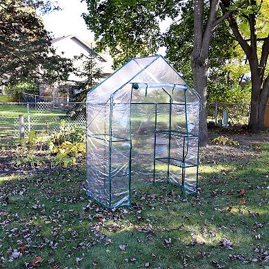 Sunnydaze Large Iron PE Cover Walk-In Greenhouse with 4 Shelves - Clear