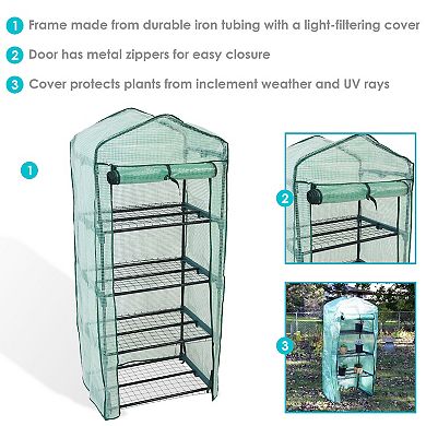 Sunnydaze Steel Pvc Cover Mini Greenhouse With 4 Shelves/zipper - Green