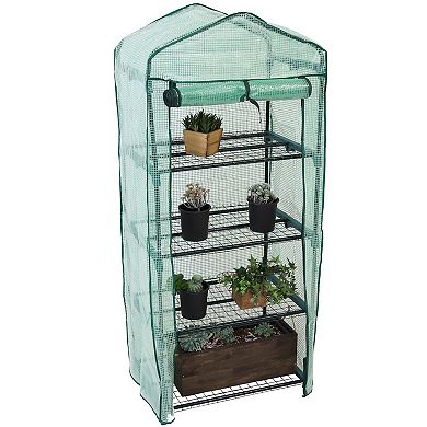 Sunnydaze Steel Pvc Cover Mini Greenhouse With 4 Shelves/zipper - Green