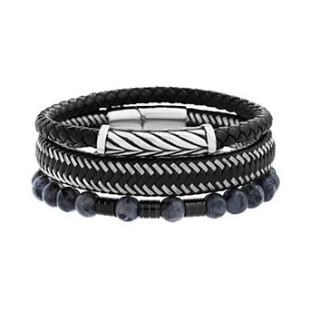 Men's 3 pc Black Leather & Labradorite Bead Bracelet Set