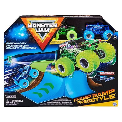 Monster Jam Glow-in-the-Dark Champ Ramp Freestyle Playset with 2 Exclusive Trucks