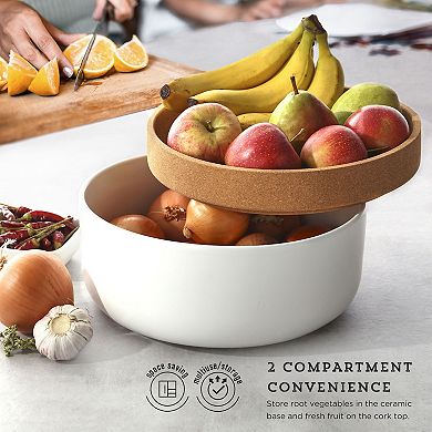 Kamenstein Ceramic & Cork 2-Compartment Large Fruit Bowl