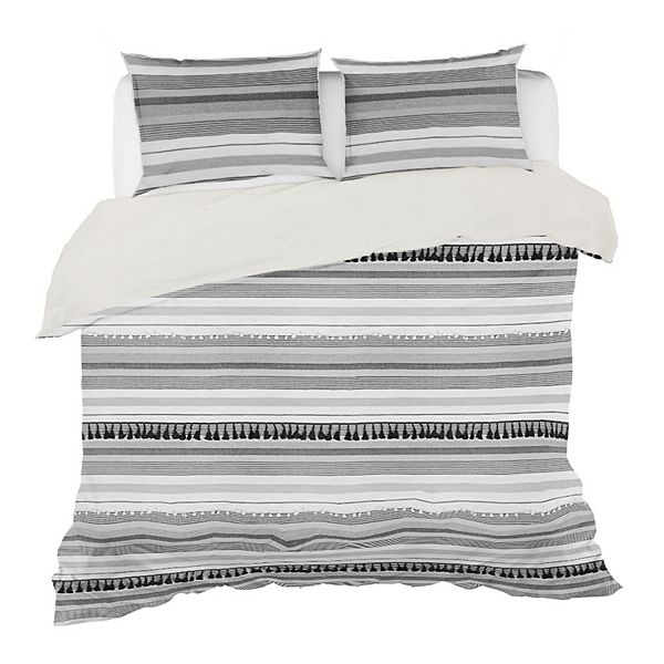 Kingham Contemporary Boho Grey Stripes Duvet Cover Set Queen (88"x92