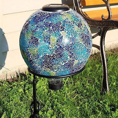 Sunnydaze Azul Terra Crackled Glass Gazing Globe with LED Solar Light - 10-Inch