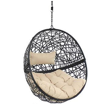 Sunnydaze Black Resin Wicker Round Hanging Egg Chair with Cushions