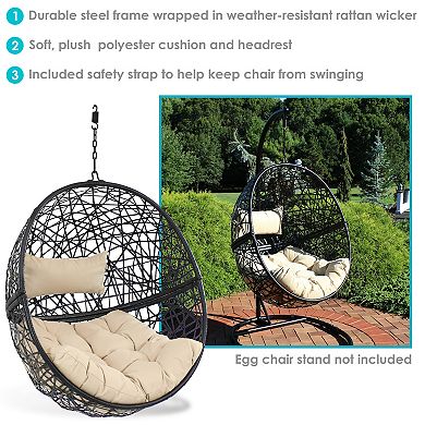 Sunnydaze Black Resin Wicker Round Hanging Egg Chair with Cushions