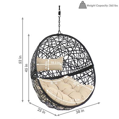 Sunnydaze Black Resin Wicker Round Hanging Egg Chair with Cushions