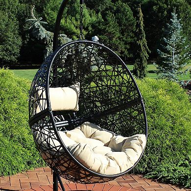 Sunnydaze Black Resin Wicker Round Hanging Egg Chair with Cushions