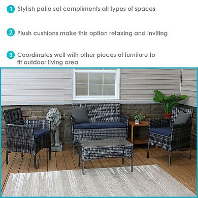 Sunnydaze Dunmore Rattan 4-Piece Patio Furniture Set - Gray and Navy Blue