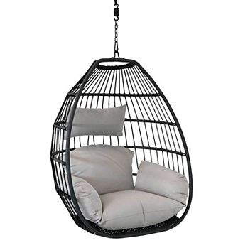 Sunnydaze Black Resin Wicker Hanging Egg Chair with Cushions - Gray