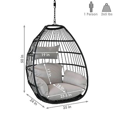 Sunnydaze Black Resin Wicker Hanging Egg Chair with Cushions - Gray