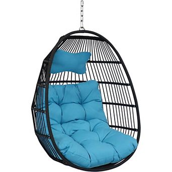 Sunnydaze Black Polyethylene Wicker Hanging Egg Chair with Cushions