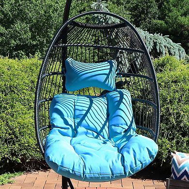 Sunnydaze Black Polyethylene Wicker Hanging Egg Chair with Cushions - Blue