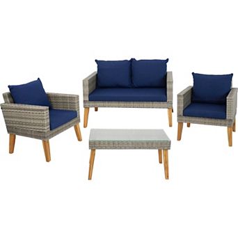 Sunnydaze Clifdon Rattan and Acacia 4 pc Patio Conversation Set - Blue