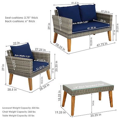 Sunnydaze Clifdon Rattan and Acacia 4-Piece Patio Conversation Set - Blue