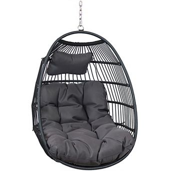 Sunnydaze Black Polyethylene Wicker Hanging Egg Chair with Cushions