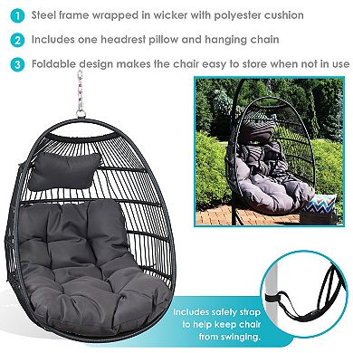 Sunnydaze Black Polyethylene Wicker Hanging Egg Chair with Cushions - Gray