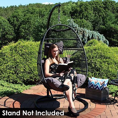 Sunnydaze Black Polyethylene Wicker Hanging Egg Chair with Cushions