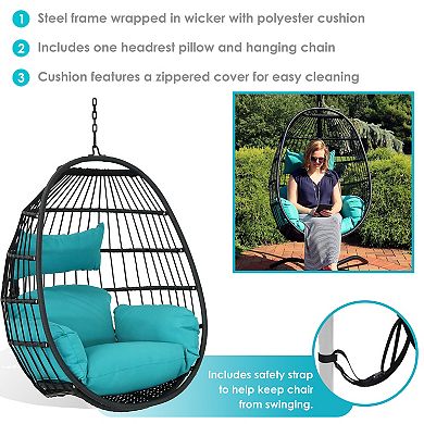 Sunnydaze Black Resin Wicker Hanging Egg Chair with Cushions - Blue