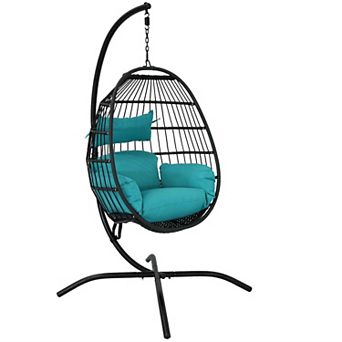 Sunnydaze Resin Wicker Hanging Egg Chair with Steel Stand/Cushion - Teal