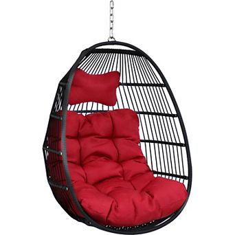Sunnydaze Black Polyethylene Wicker Hanging Egg Chair with Cushions