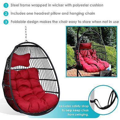 Sunnydaze Black Polyethylene Wicker Hanging Egg Chair with Cushions - Red