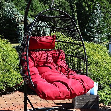 Sunnydaze Black Polyethylene Wicker Hanging Egg Chair with Cushions - Red