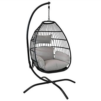 Sunnydaze Resin Wicker Hanging Egg Chair with Steel Stand/Cushions - Gray