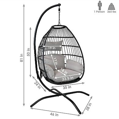 Sunnydaze Resin Wicker Hanging Egg Chair with Steel Stand/Cushions - Gray