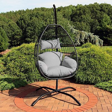 Sunnydaze Resin Wicker Hanging Egg Chair with Steel Stand/Cushions - Gray