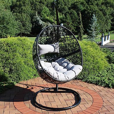 Sunnydaze Resin Wicker Hanging Egg Chair with Steel Stand/Cushion
