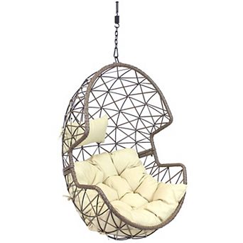 Sunnydaze Resin Wicker Basket Hanging Egg Chair With Cushions - Beige