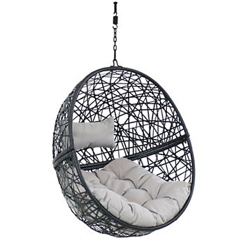 Sunnydaze Black Resin Wicker Round Hanging Egg Chair with Cushions