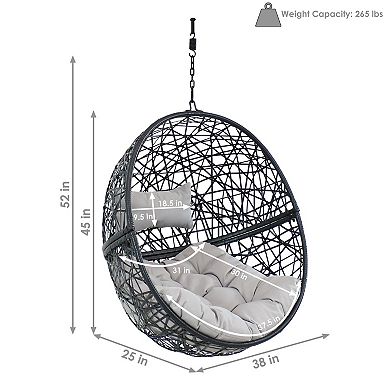 Sunnydaze Black Resin Wicker Round Hanging Egg Chair with Cushions