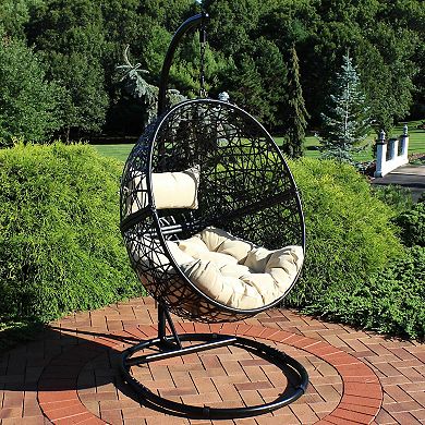 Sunnydaze Resin Wicker Hanging Egg Chair with Steel Stand/Cushion