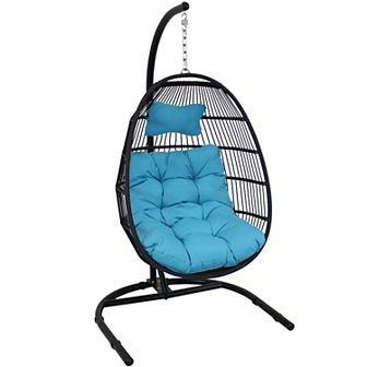 Sunnydaze Resin Wicker Hanging Egg Chair with Steel Stand/Cushions